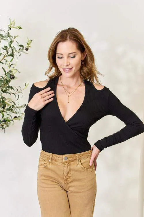 Culture Code Full Size Ribbed Surplice Cold Shoulder Top Black Blouses - Tophatter Daily Deals