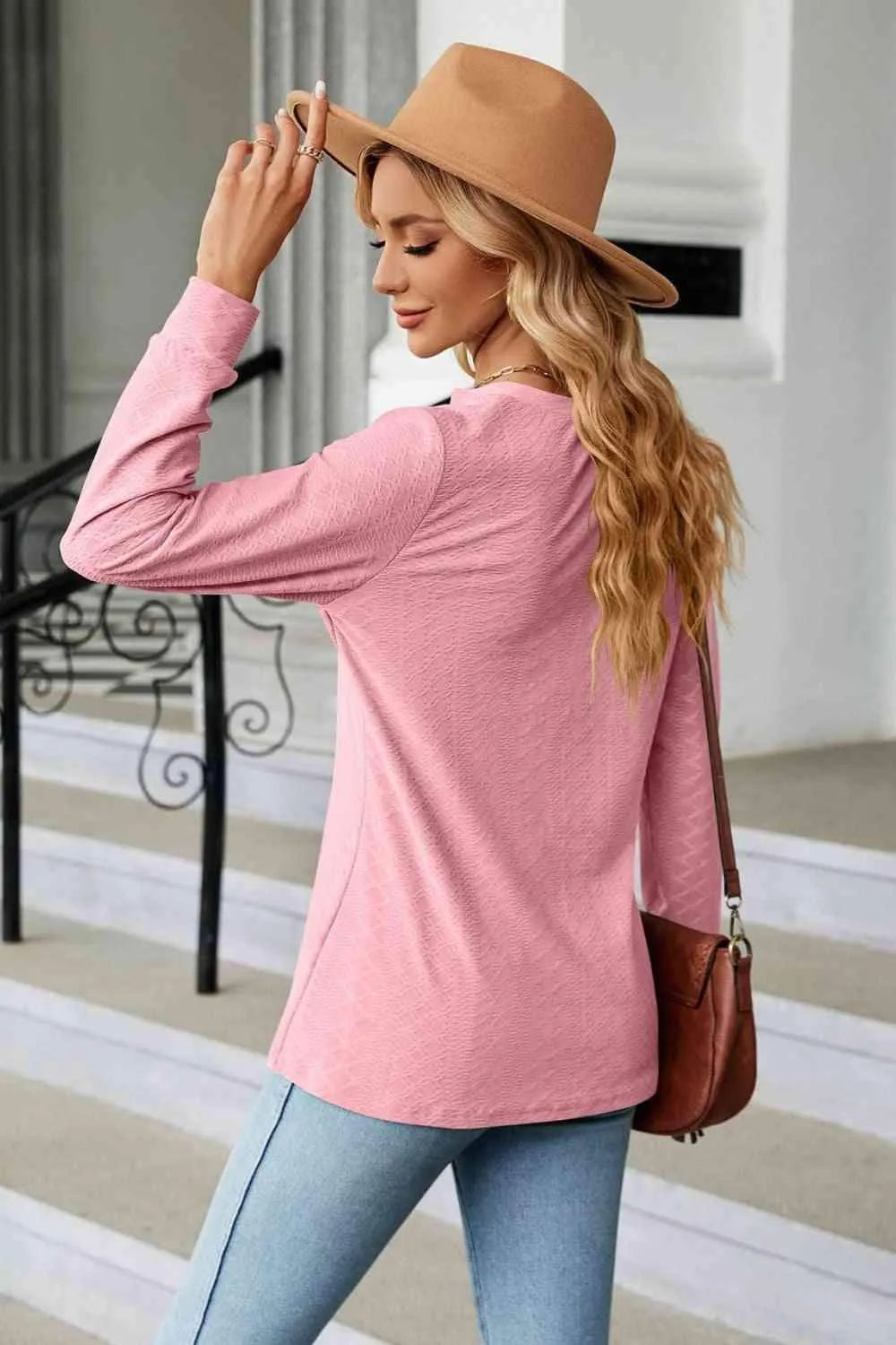 Notched Neck Long Sleeve Buttoned Blouse Blouses - Tophatter Daily Deals