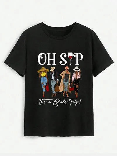 Graphic Round Neck Short Sleeve T-Shirt Black Women's T-Shirts - Tophatter Daily Deals