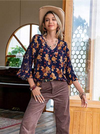 Floral V-Neck Crochet Blouse Multicolor Blouses - Tophatter Daily Deals