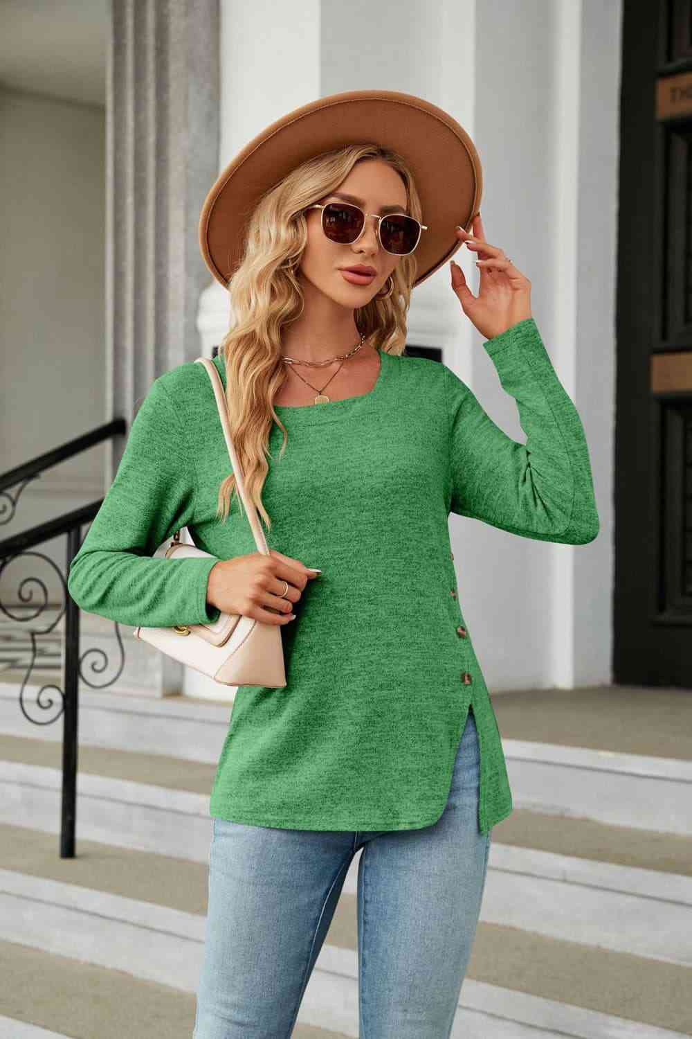 Square Neck Long Sleeve Slit T-Shirt Mid Green Women's T-Shirts - Tophatter Daily Deals