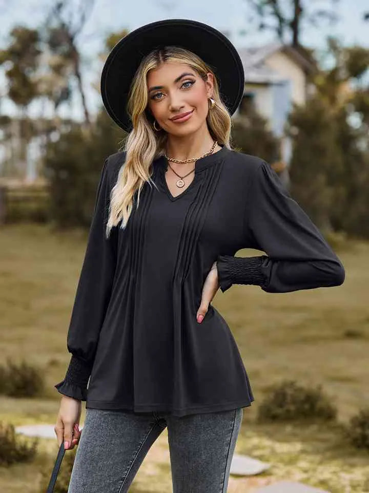 Notched Neck Flounce Sleeve Blouse Blouses - Tophatter Daily Deals