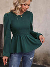 Round Neck Smocked Balloon Sleeve Top Blouses - Tophatter Daily Deals
