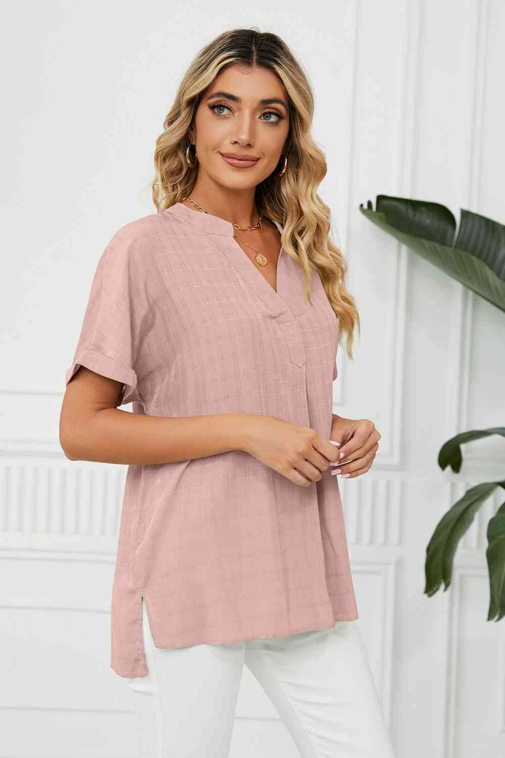 Side Slit Notched Neck Cuffed Short Sleeve Blouse - Tophatter Deals