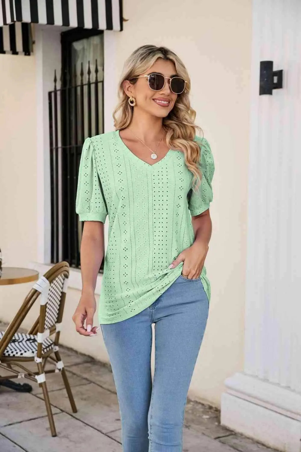 Eyelet Puff Sleeve V-Neck Top Blouses - Tophatter Daily Deals