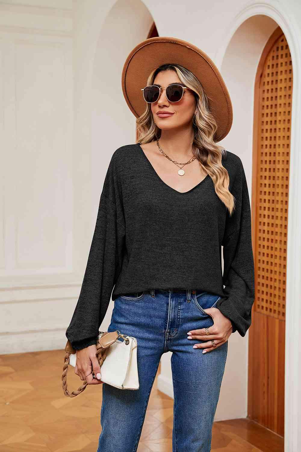 V-Neck Long Sleeve Top Blouses - Tophatter Daily Deals