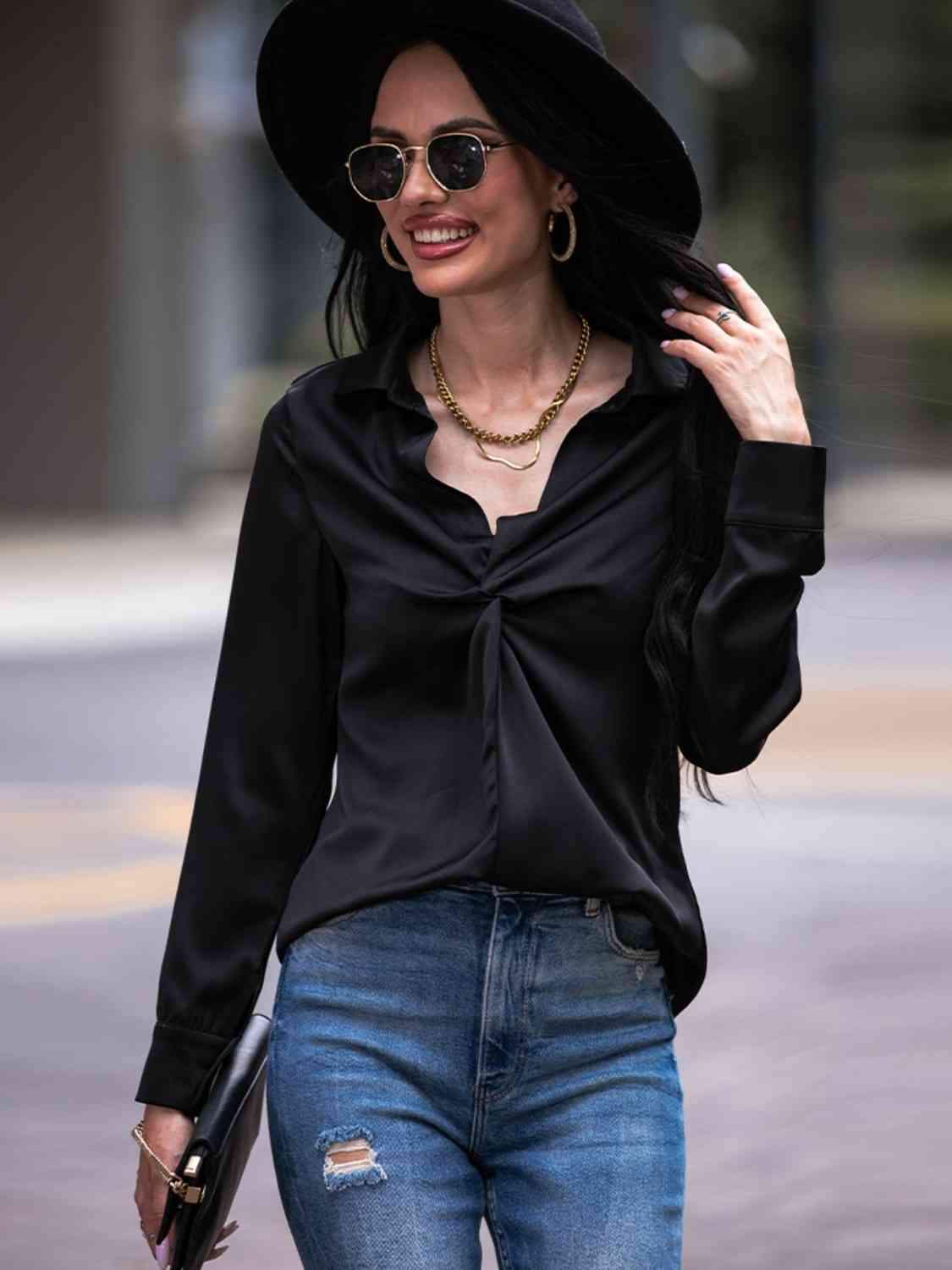 Twist Front Collared Blouse Black Blouses - Tophatter Daily Deals