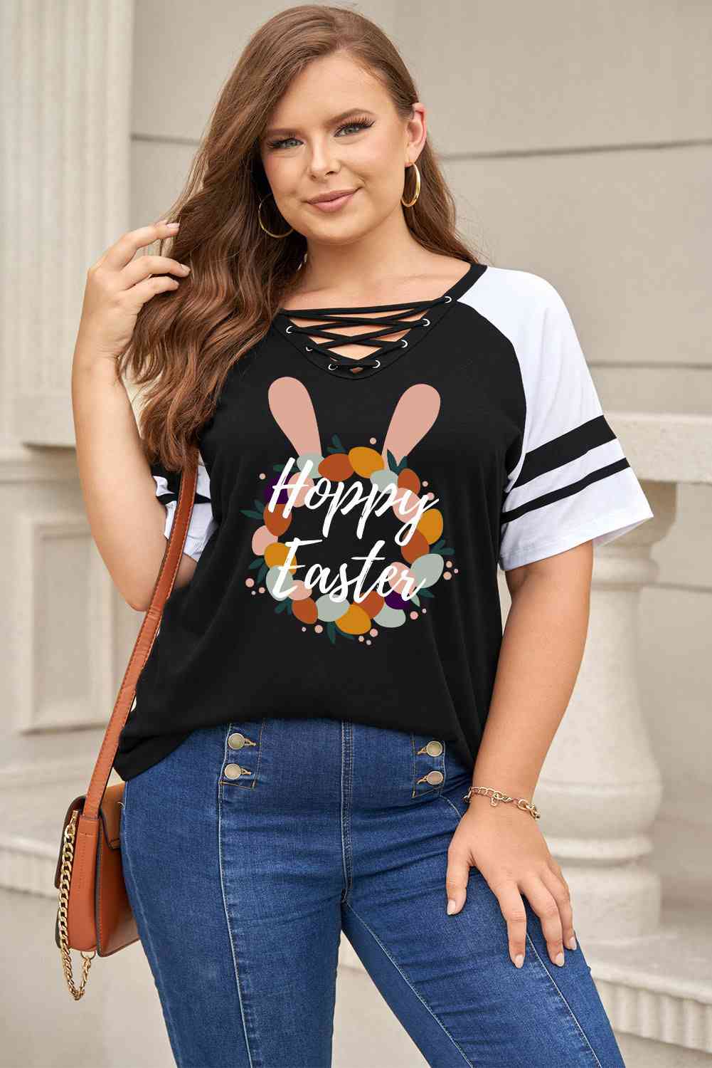 Plus Size HOPPY EASTER Graphic Crisscross V-Neck Tee Women's T-Shirts - Tophatter Daily Deals