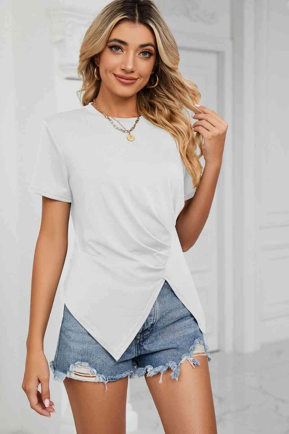 Ruched Hem Detail Crewneck T-Shirt White Women's T-Shirts - Tophatter Daily Deals