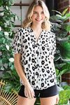 Leopard Notched Neck Short Flounce Sleeve Blouse White Blouses - Tophatter Daily Deals