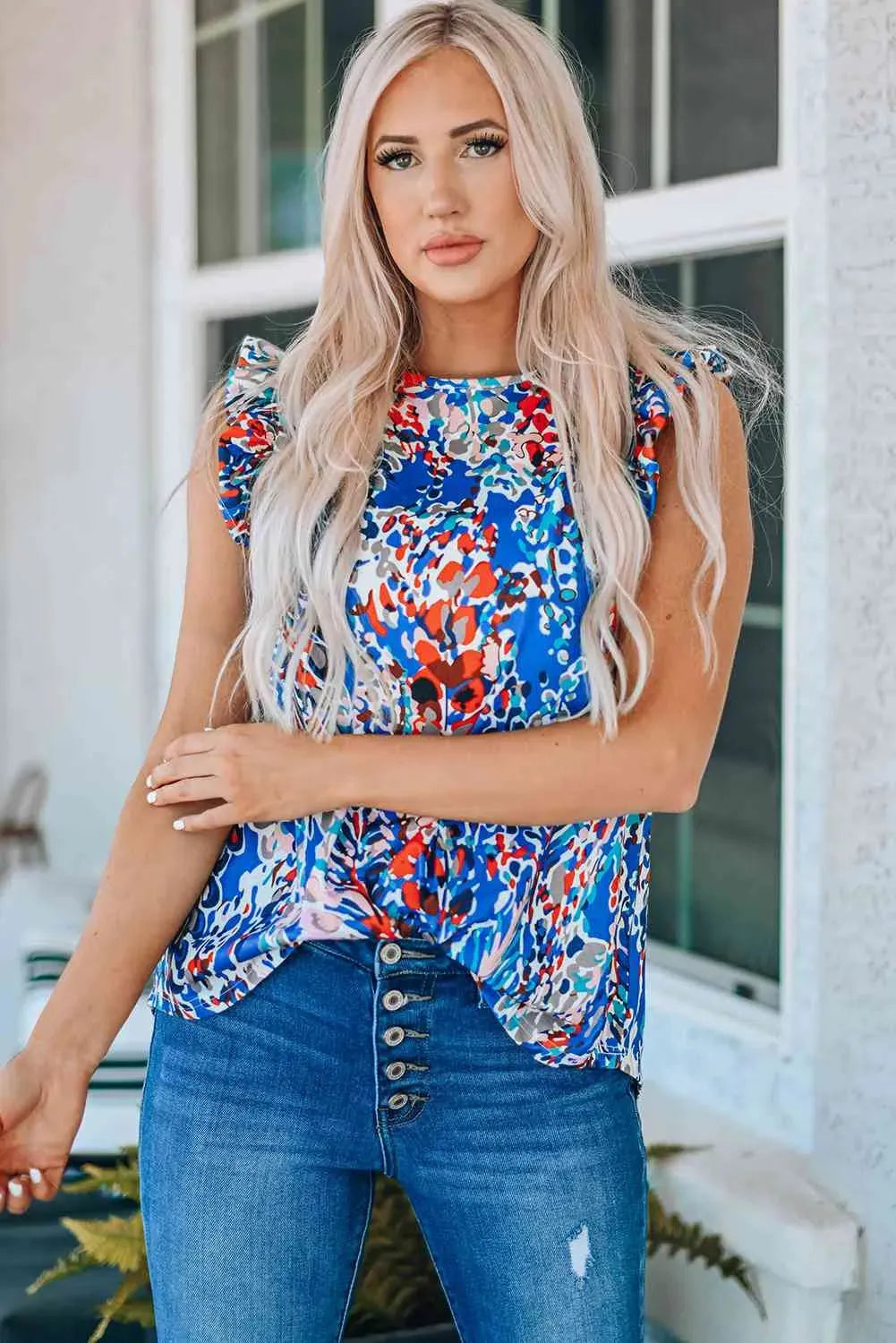 Abstract Print Ruffle Shoulder Top Blouses - Tophatter Daily Deals