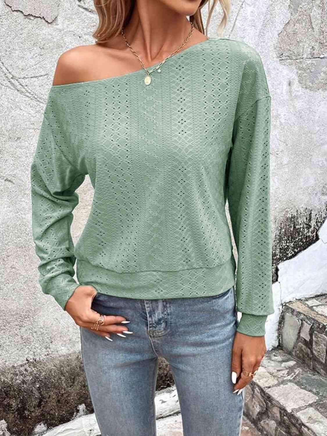 Eyelet Dropped Shoulder Blouse Gum Leaf Blouses - Tophatter Daily Deals