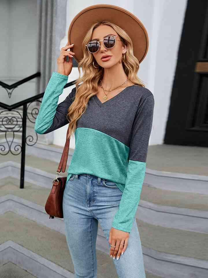 V-Neck Long Sleeve Two-Tone T-Shirt Women's T-Shirts - Tophatter Daily Deals