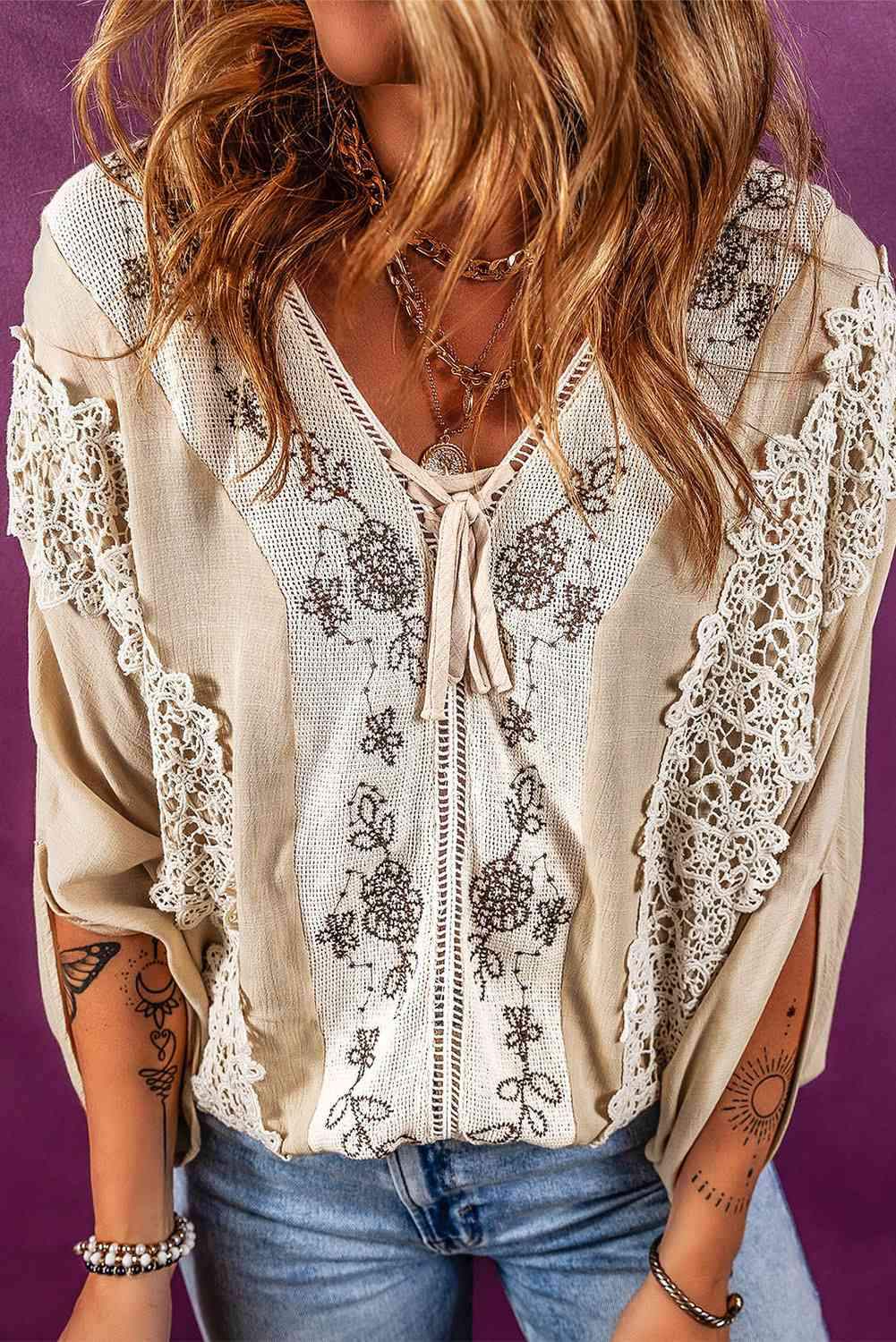 V-Neck Lace Detail Slit Blouse Blouses - Tophatter Daily Deals