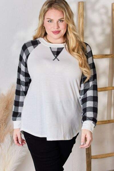 Hailey & Co Full Size Plaid Raglan Sleeve Round Neck Blouse Blouses - Tophatter Daily Deals