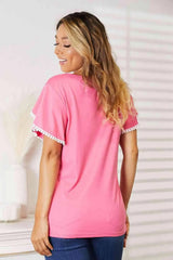 Double Take Pom-Pom Trim Flutter Sleeve Round Neck T-Shirt Women's T-Shirts - Tophatter Daily Deals