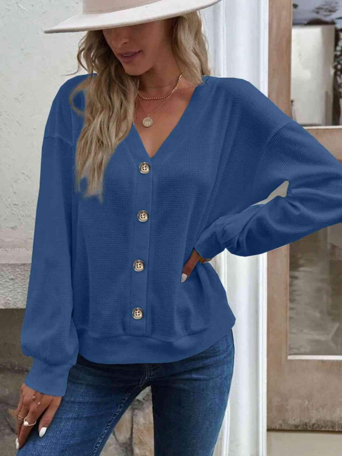 V-Neck Dropped Shoulder Blouse Cobalt Blue Blouses - Tophatter Daily Deals