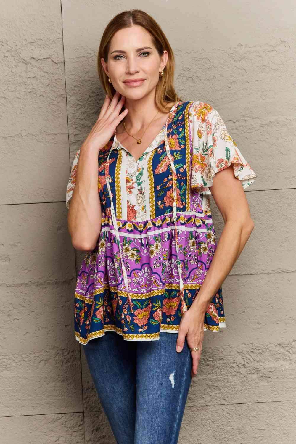 Bohemian Tie-Neck Flutter Sleeve Blouse Blouses - Tophatter Daily Deals