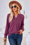 V-Neck Buttoned Long Sleeve Blouse Wine Blouses - Tophatter Daily Deals