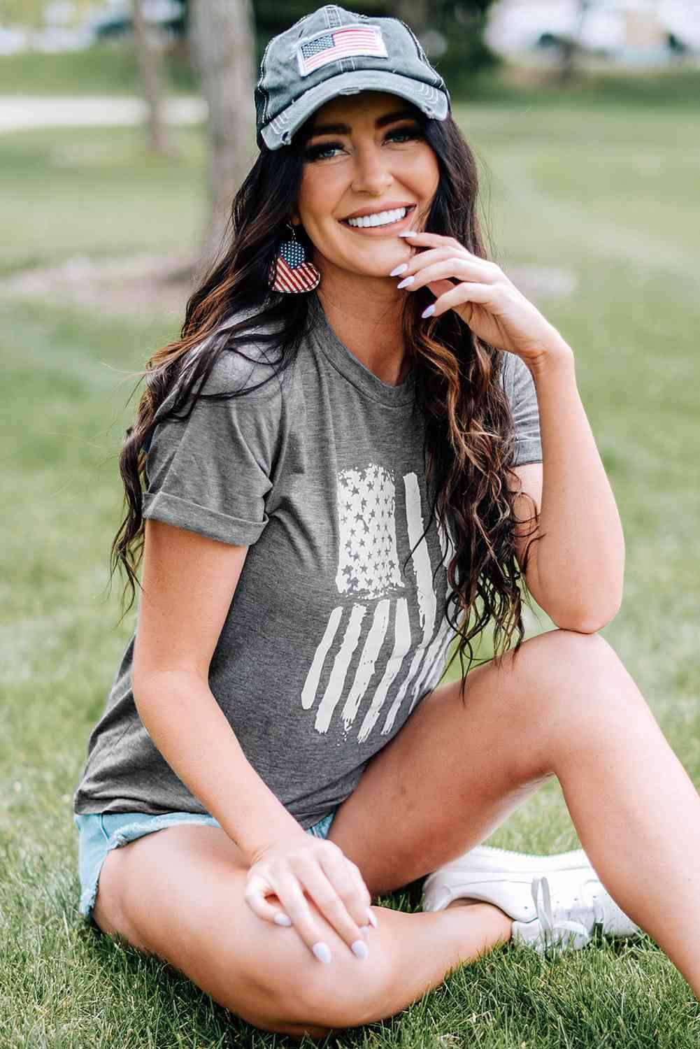 US Flag Graphic Cuffed Sleeve Tee Women's T-Shirts - Tophatter Daily Deals