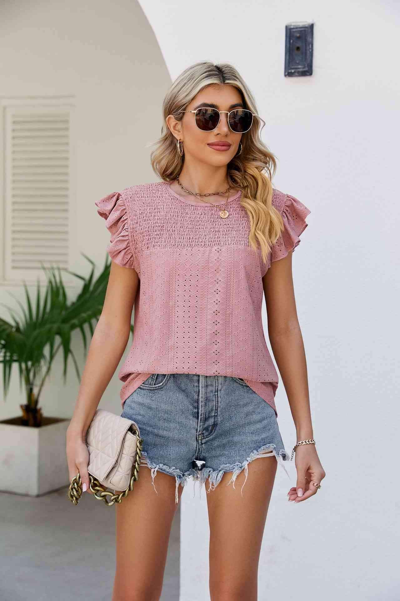 Smocked Round Neck Flutter Sleeve Top Moonlit Mauve Blouses - Tophatter Daily Deals