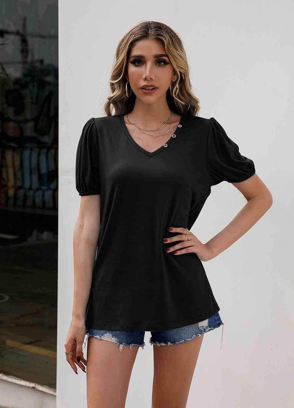 V-Neck Decorative Buttons Puff Sleeve Tee Black Women's T-Shirts - Tophatter Daily Deals