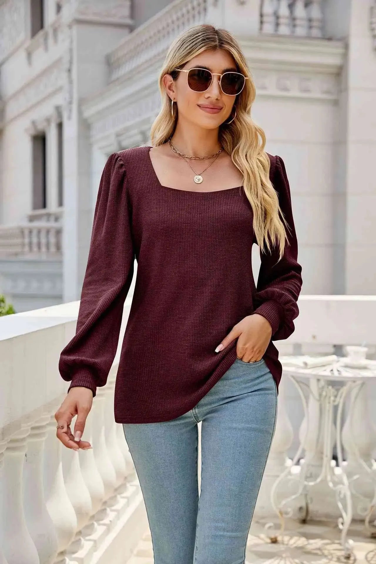 Waffle-Knit Puff Sleeve Square Neck Top Wine Blouses - Tophatter Daily Deals