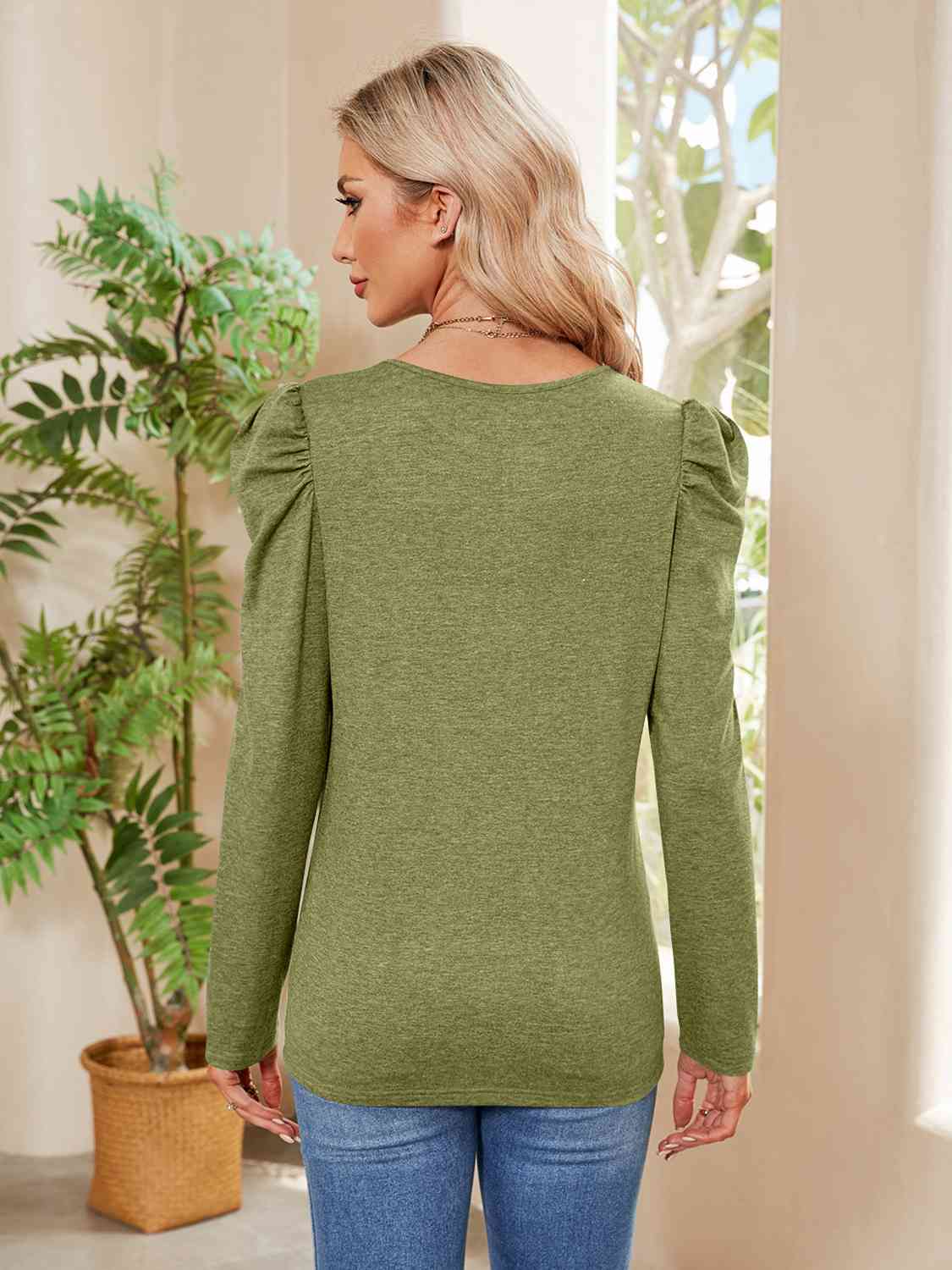 Buttoned Round Neck Puff Sleeve T-Shirt Women's T-Shirts - Tophatter Daily Deals