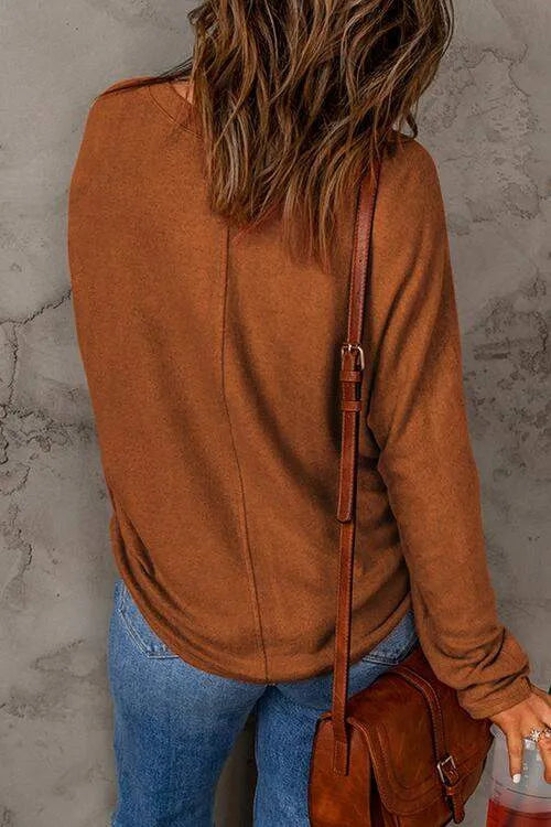 Seam Detail Round Neck Long Sleeve Top Women's T-Shirts - Tophatter Daily Deals