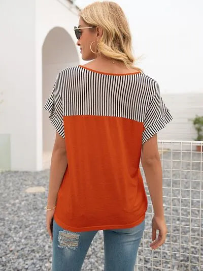 Striped V-Neck Short Sleeve T-Shirt Women's T-Shirts - Tophatter Daily Deals