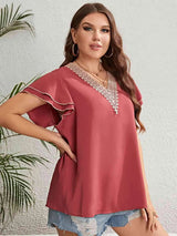Plus Size Contrast V-Neck Layered Flutter Sleeve Blouse Blouses - Tophatter Daily Deals