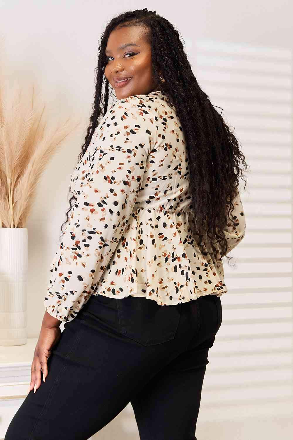 Double Take Printed Tied Plunge Peplum Blouse Blouses - Tophatter Daily Deals