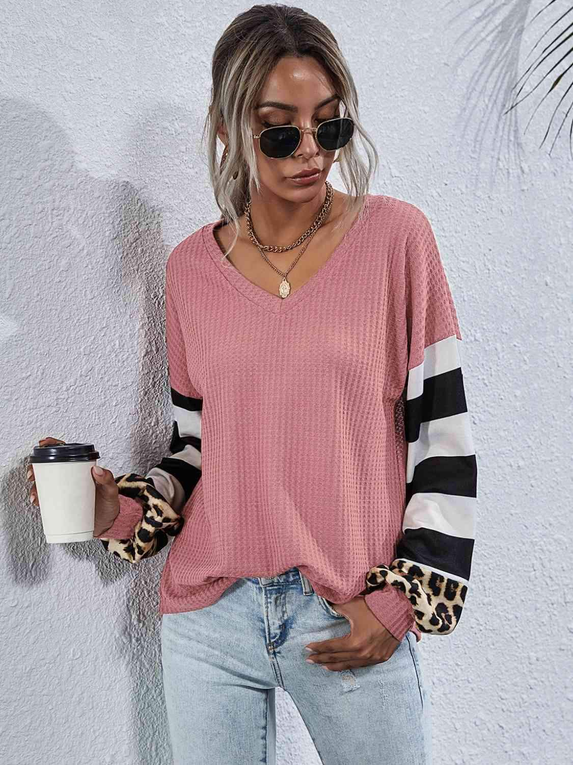 Leopard Striped Waffle-Knit Top Blush Pink Blouses - Tophatter Daily Deals