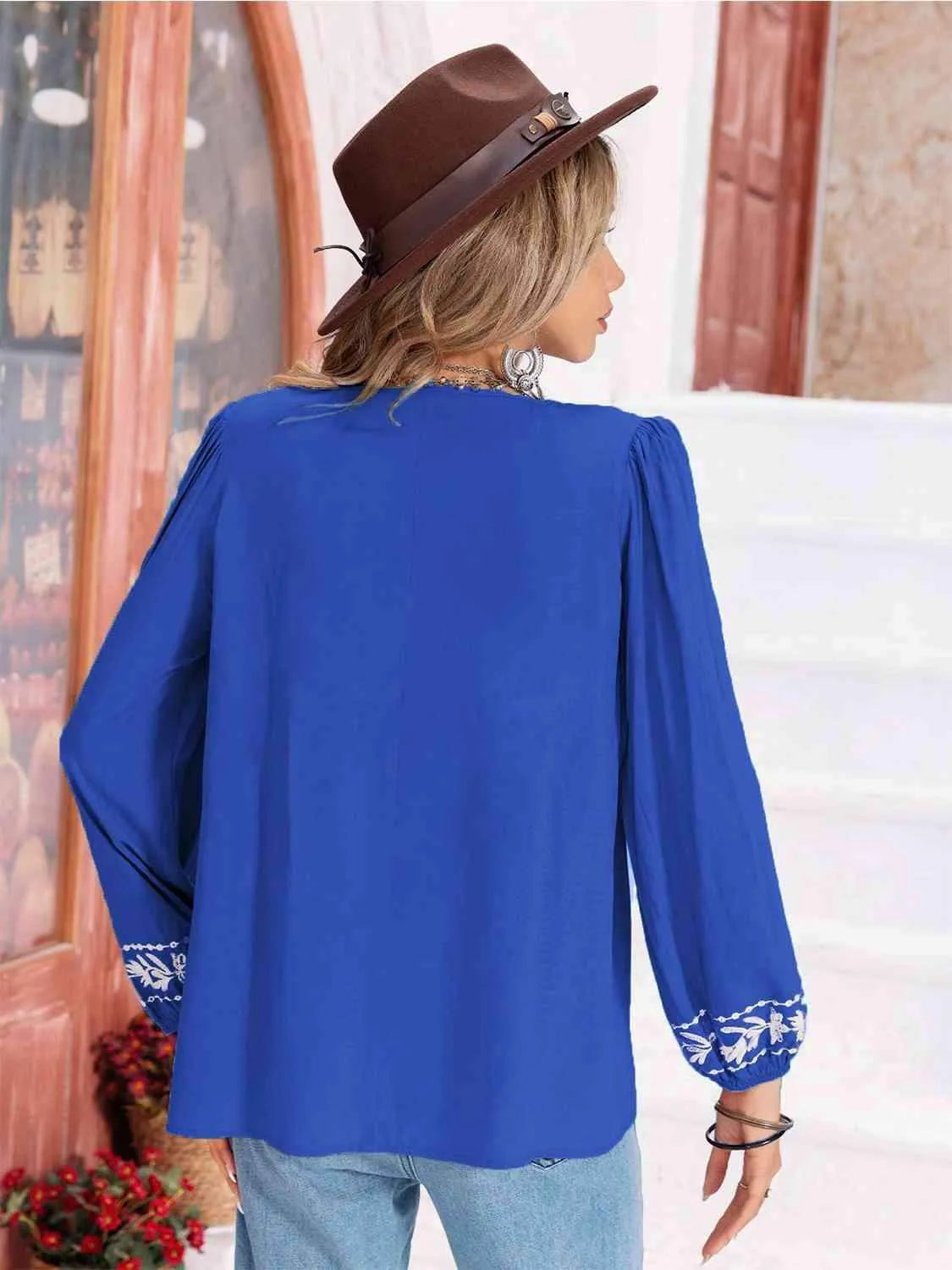 Floral Tie Neck Balloon Sleeve Blouse Blouses - Tophatter Daily Deals