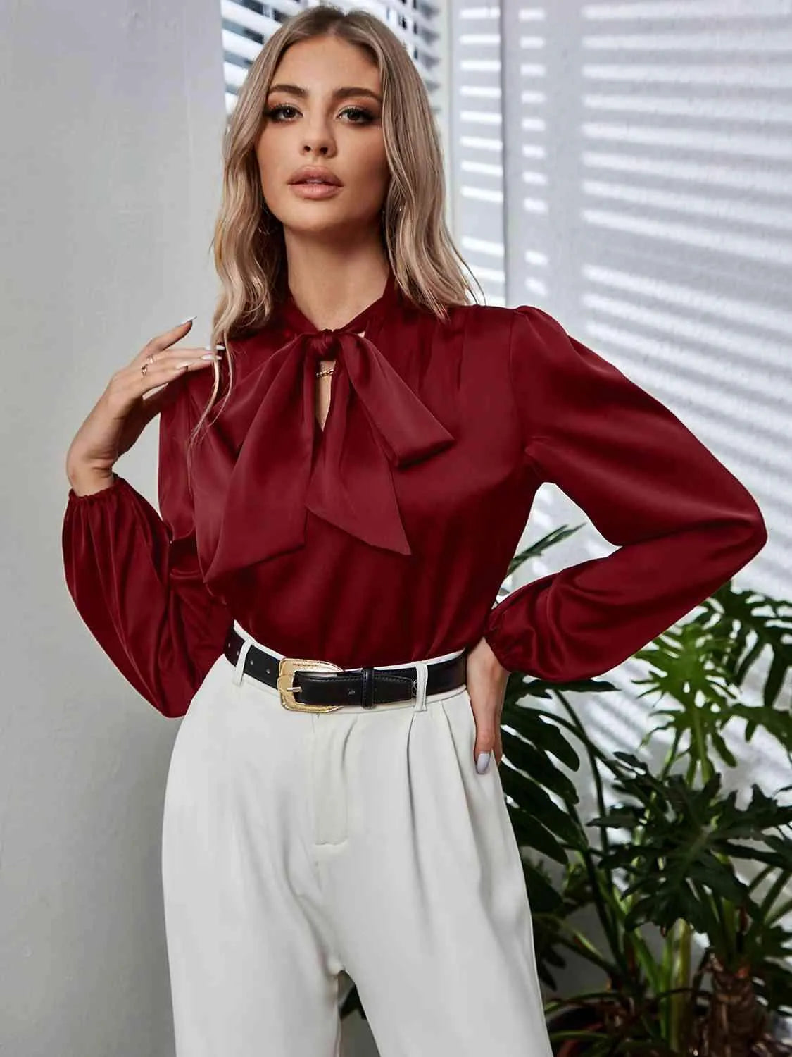 Tie Neck Long Puff Sleeve Blouse Blouses - Tophatter Daily Deals