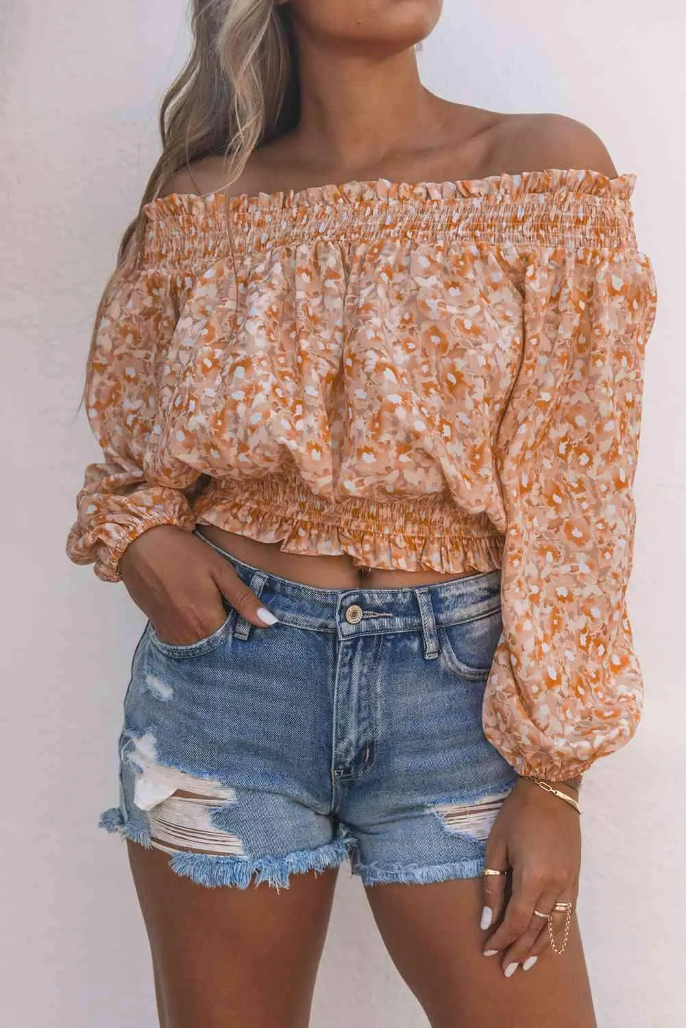 Floral Frill Trim Smocked Off-Shoulder Top Orange M Blouses - Tophatter Daily Deals
