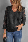 Lace Crochet V-Neck Flounce Sleeve Top Black Blouses - Tophatter Daily Deals