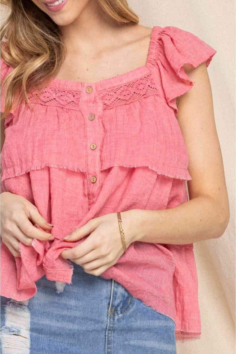 ODDI Full Size Buttoned Ruffled Top Blouses - Tophatter Daily Deals