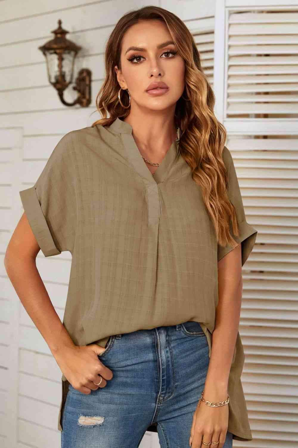 Notched Neck Slit Cuffed Blouse Taupe Blouses - Tophatter Daily Deals