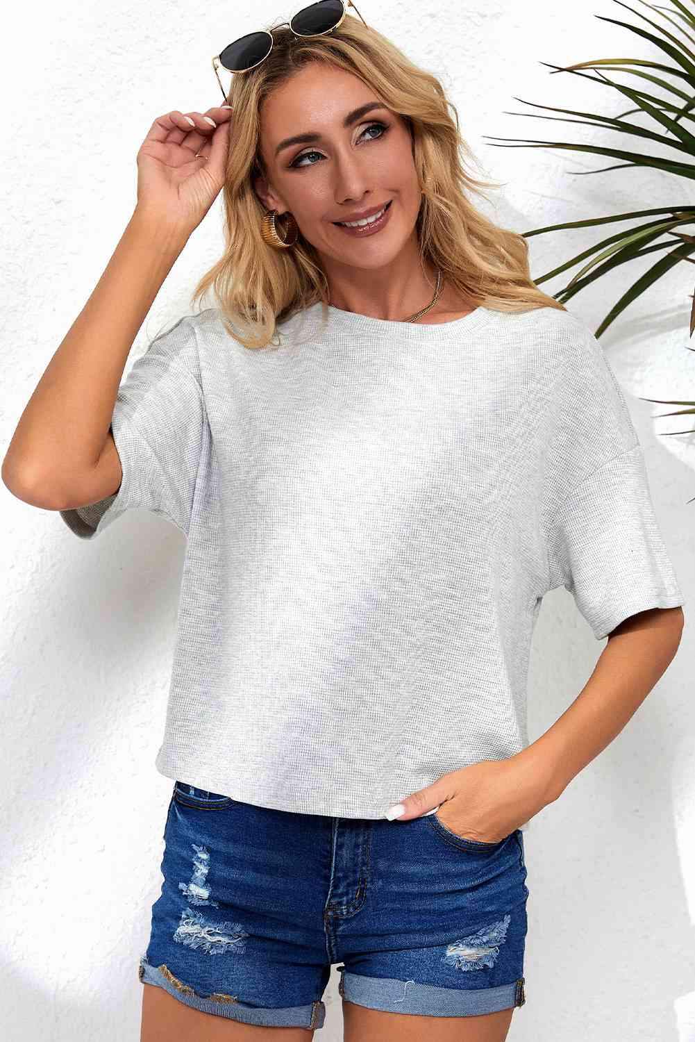 Round Neck Dropped Shoulder Tee Women's T-Shirts - Tophatter Daily Deals