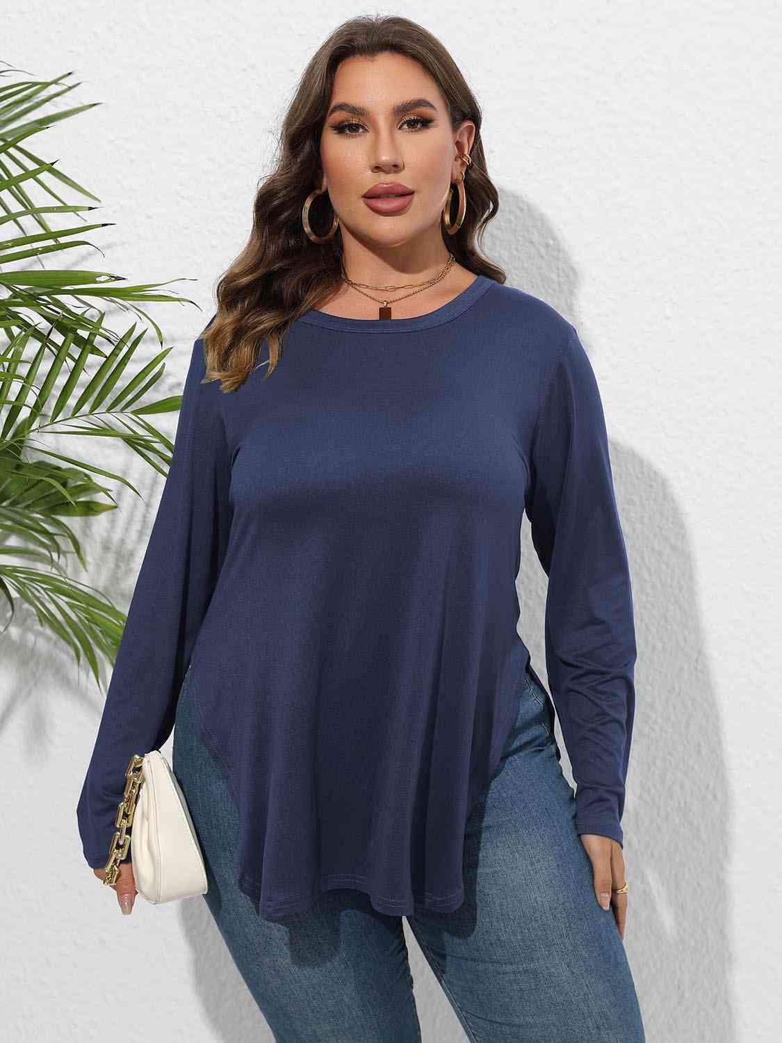 Plus Size Round Neck Long Sleeve Slit T-Shirt Peacock Blue Women's T-Shirts - Tophatter Daily Deals