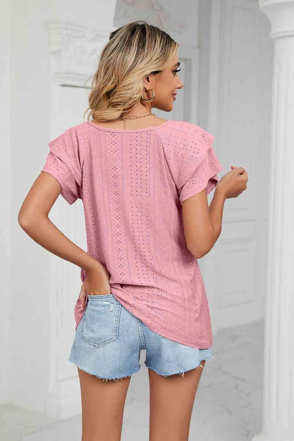 Eyelet Layered Flutter Sleeve V-Neck Knit Top Blouses - Tophatter Daily Deals