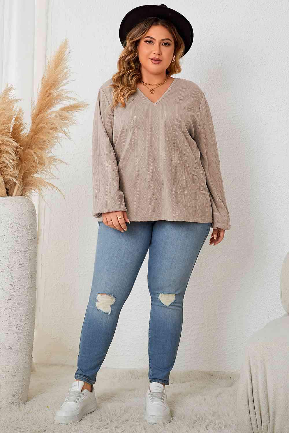 Plus Size Lace Detail V-Neck Long Sleeve Blouse Blouses - Tophatter Daily Deals