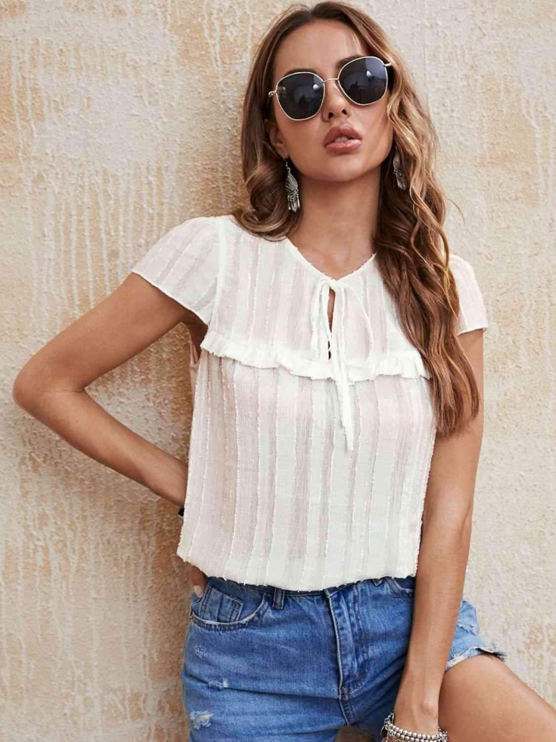 Tie Neck Ruffled Short Sleeve Blouse White Blouses - Tophatter Daily Deals