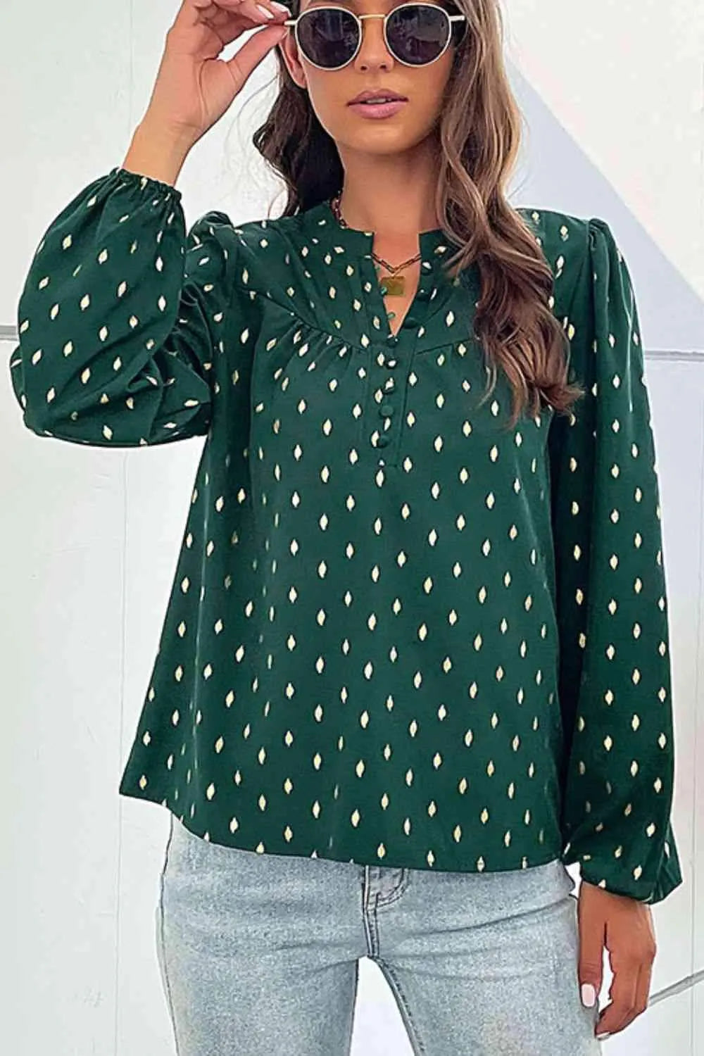 Printed Buttoned Puff Sleeve Blouse Blouses - Tophatter Daily Deals