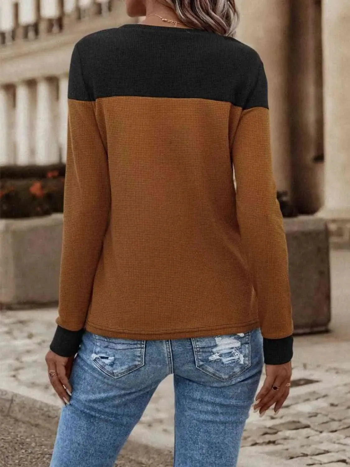 Contrast Buttoned Round Neck Long Sleeve T-Shirt Women's T-Shirts - Tophatter Daily Deals