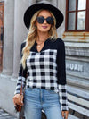 Plaid Notched Long Sleeve T-Shirt Black Women's T-Shirts - Tophatter Daily Deals