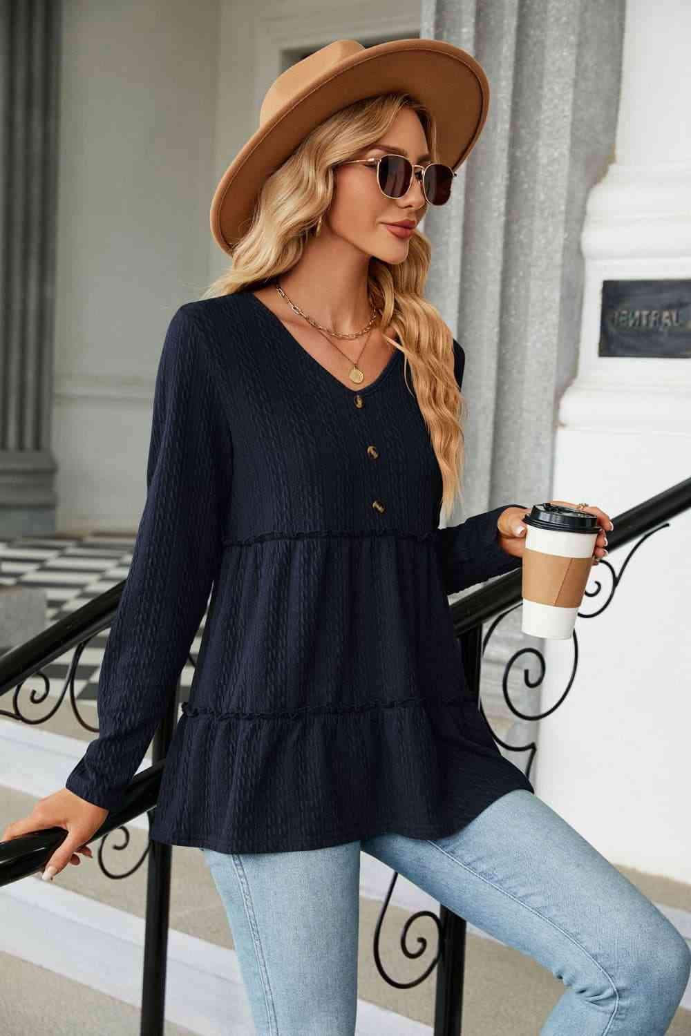 Long Sleeve V-Neck Cable-Knit Blouse Blouses - Tophatter Daily Deals