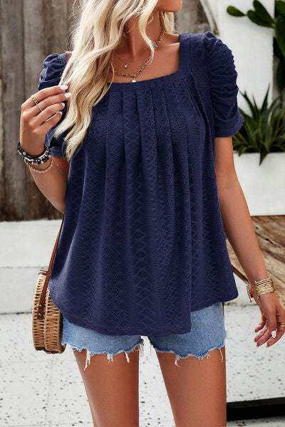 Eyelet Square Neck Puff Sleeve T-Shirt Women's T-Shirts - Tophatter Daily Deals