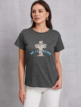 HE IS RISEN Round Neck Short Sleeve T-Shirt Charcoal Women's T-Shirts - Tophatter Daily Deals